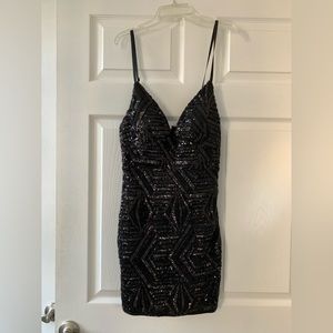 Windsor Low Plunge Black Sequin Body-con Mini Dress